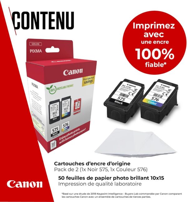 Canon PG-575+CL-576 Noir(e) / Plusieurs couleurs / Blanc Value Pack + 10x15 cm Fotopapier 50 Blatt